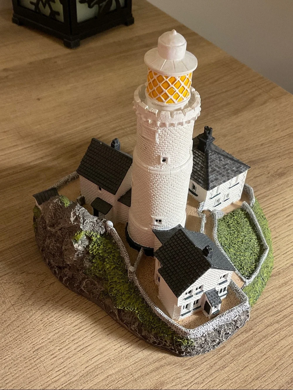Danbury Mint White Lighthouse Figurine with Yellow Lantern and Green Base